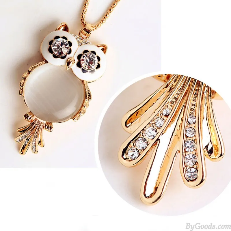 Cute Owl Opal Rhinestone Sweater Necklace