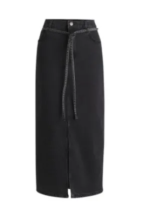 Falda maxi con cinturón en denim elástico jaspeado