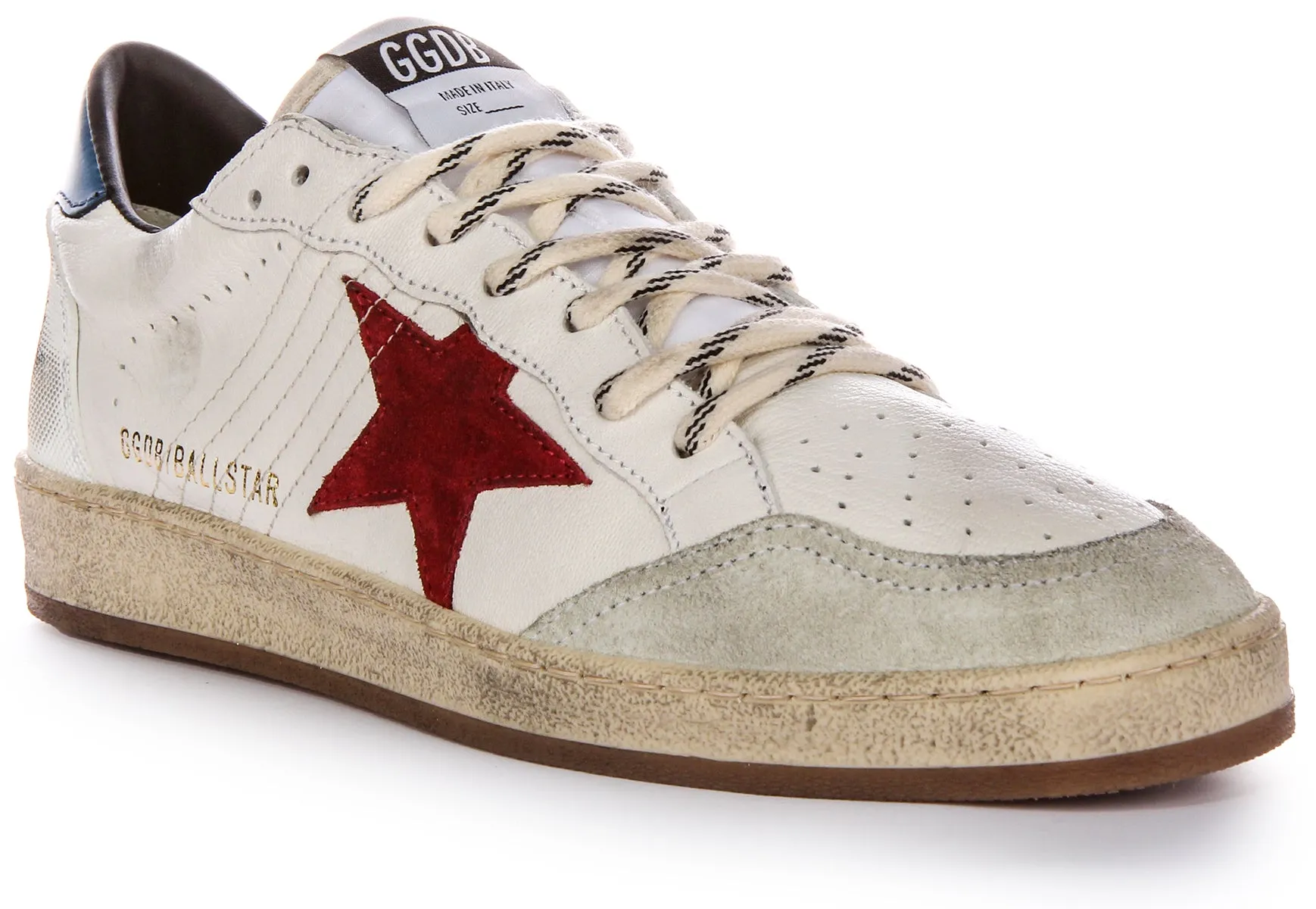 Golden Goose Ball Star Zapatillas de cuero para hombre con detalles desgastados y logo en blanco, azul y rojo